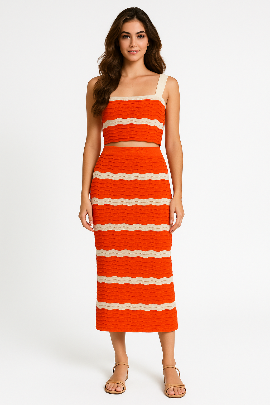 Strappy Top And Long Skirt Colour Block Viscose Blend Knitted Coord Set