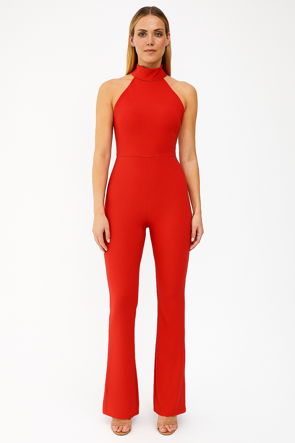 Halter Neck Backless Flared Leg Tall Girlfriendly Jumpsuit