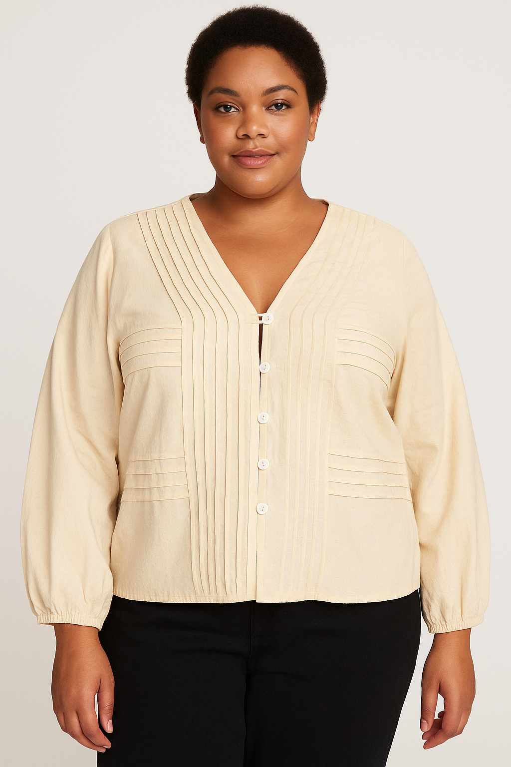 V-Neckline Puff Long Sleeve Cotton Blend Blouse