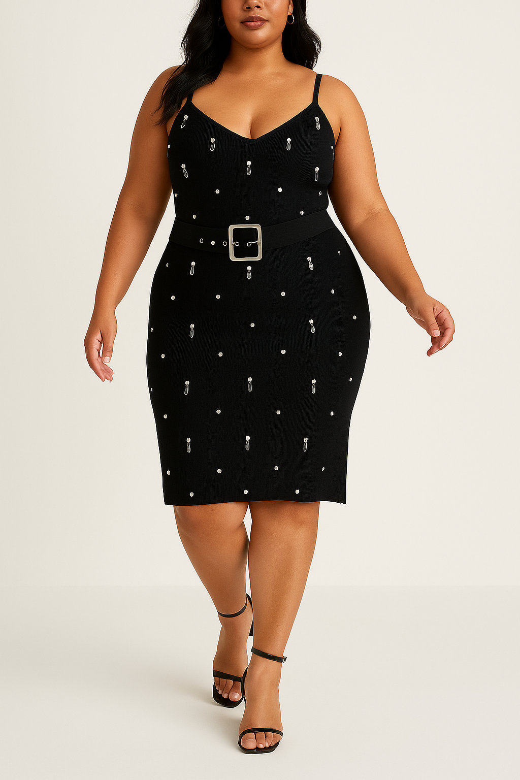Adjustable Straps Pearl Beads Viscose Blend Knit Belted Midi Dress