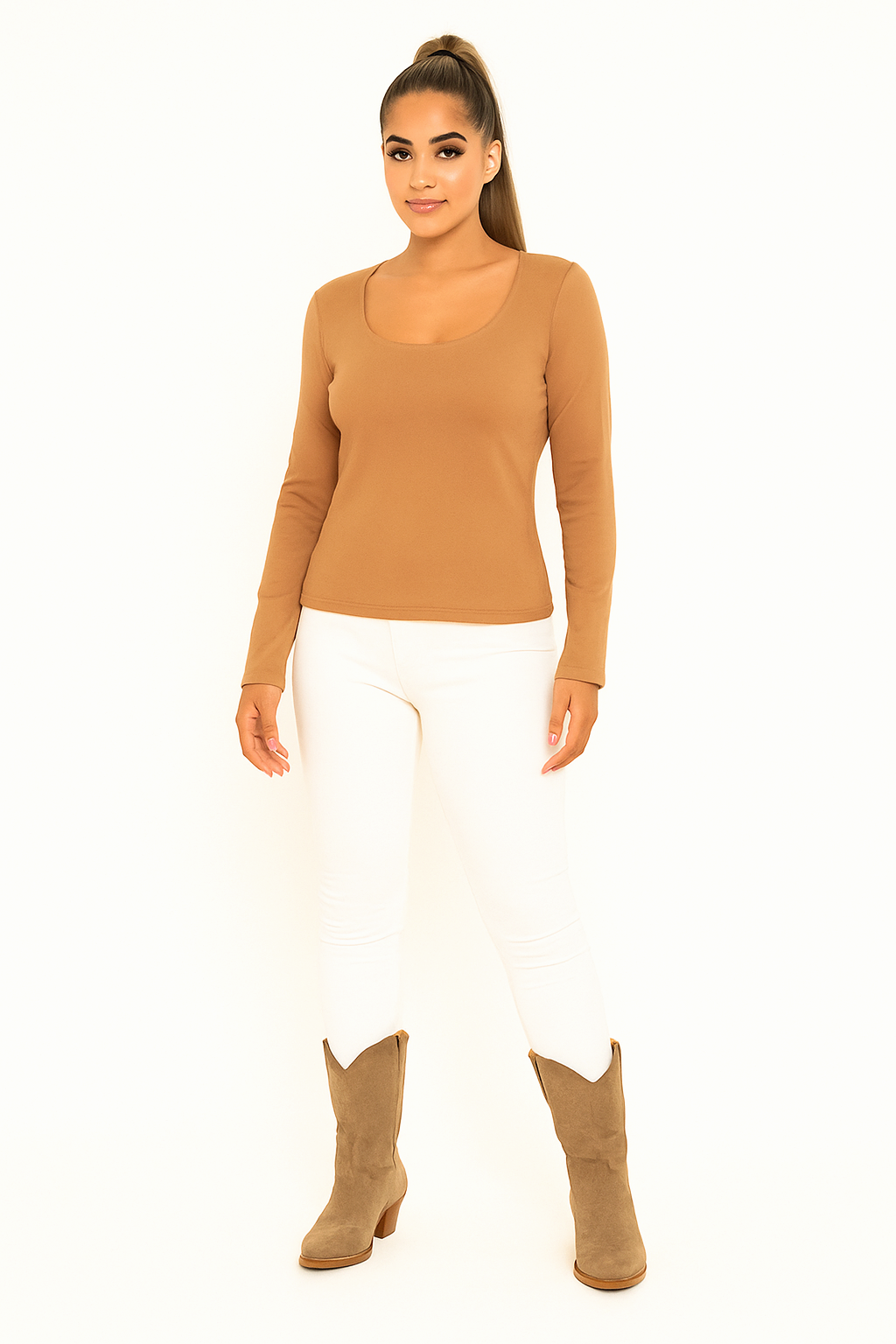 Scoop Neck Body Hugging Essential Long Sleeve Top