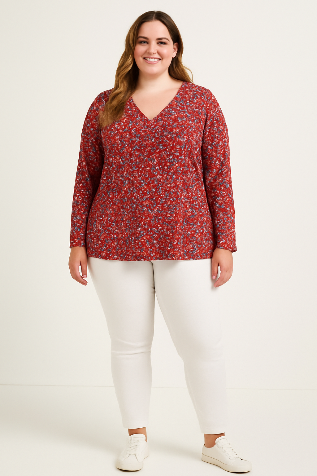 V-Cut Neck Long Sleeve Printed Top