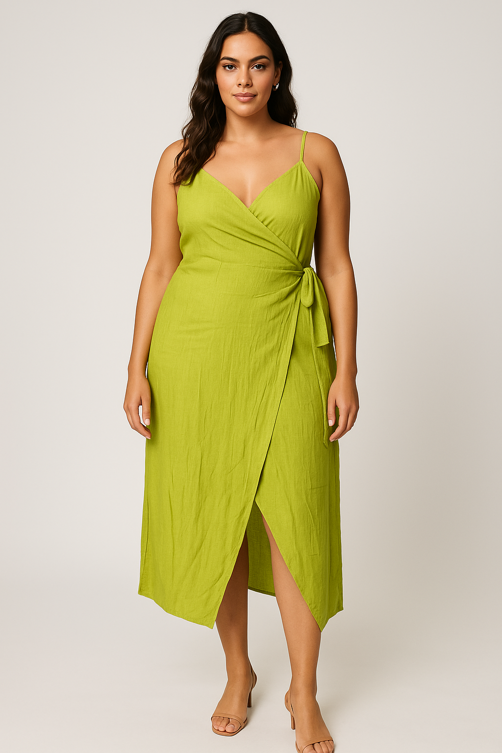 Adjustable Strap Wrap Style Lightweight Linen Midi Dress