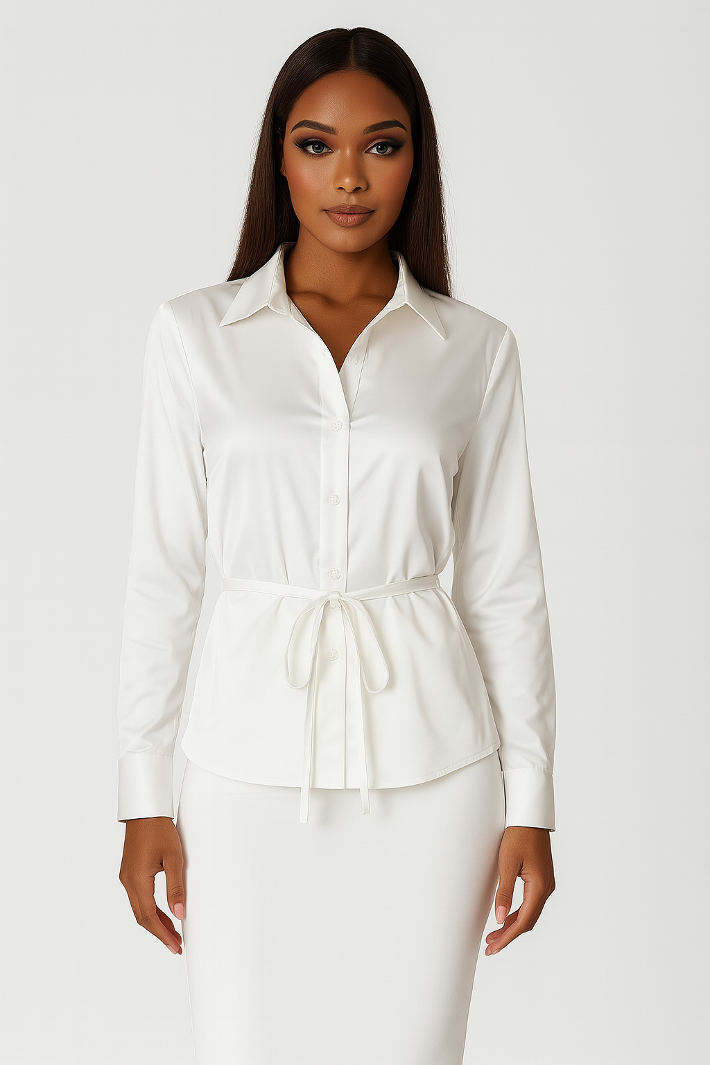 Wholesale Women's Satin Button Down Tie Waist Elegant Blouse (PACK OF 6)
