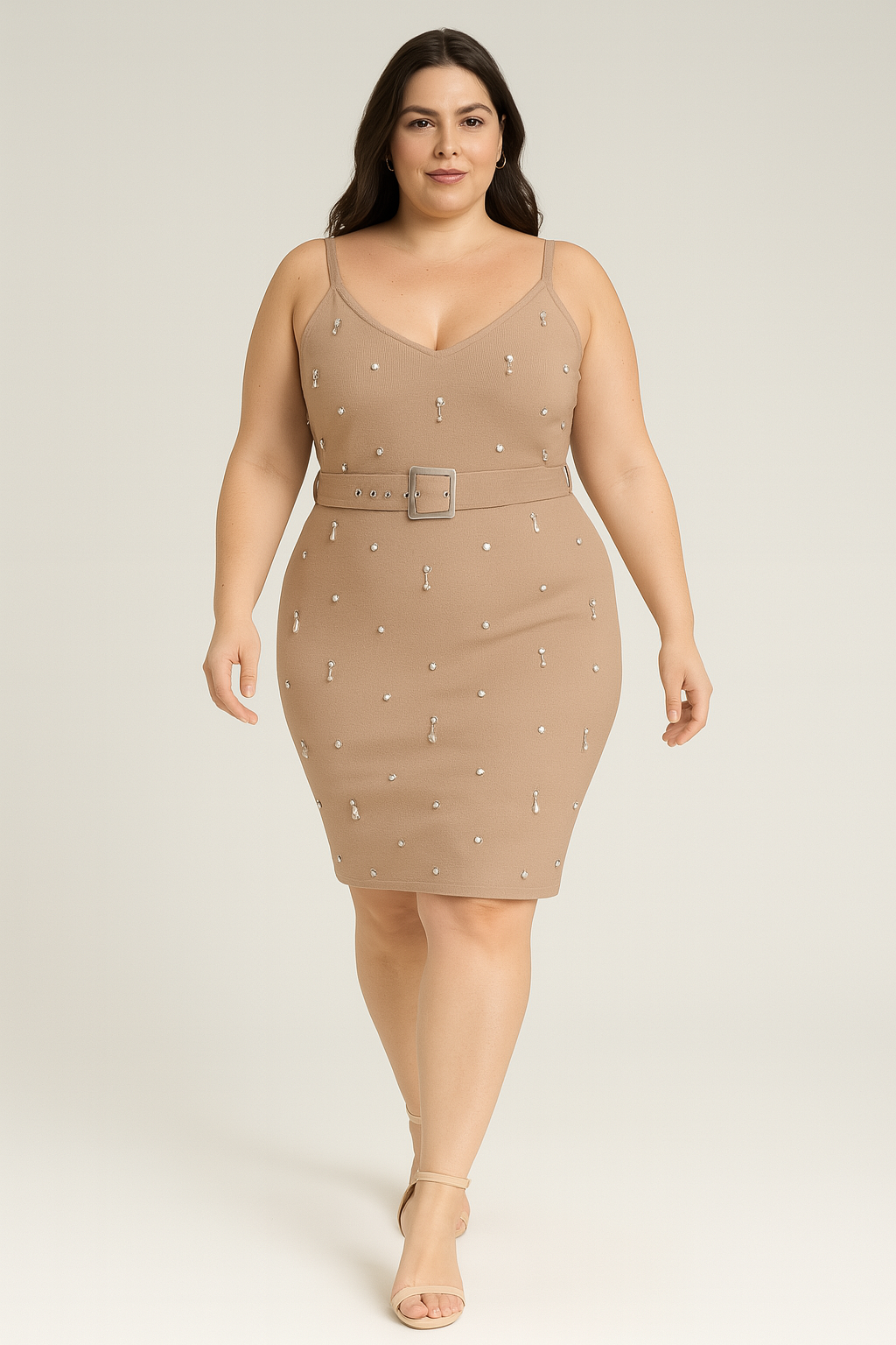 Adjustable Straps Pearl Beads Viscose Blend Knit Belted Midi Dress
