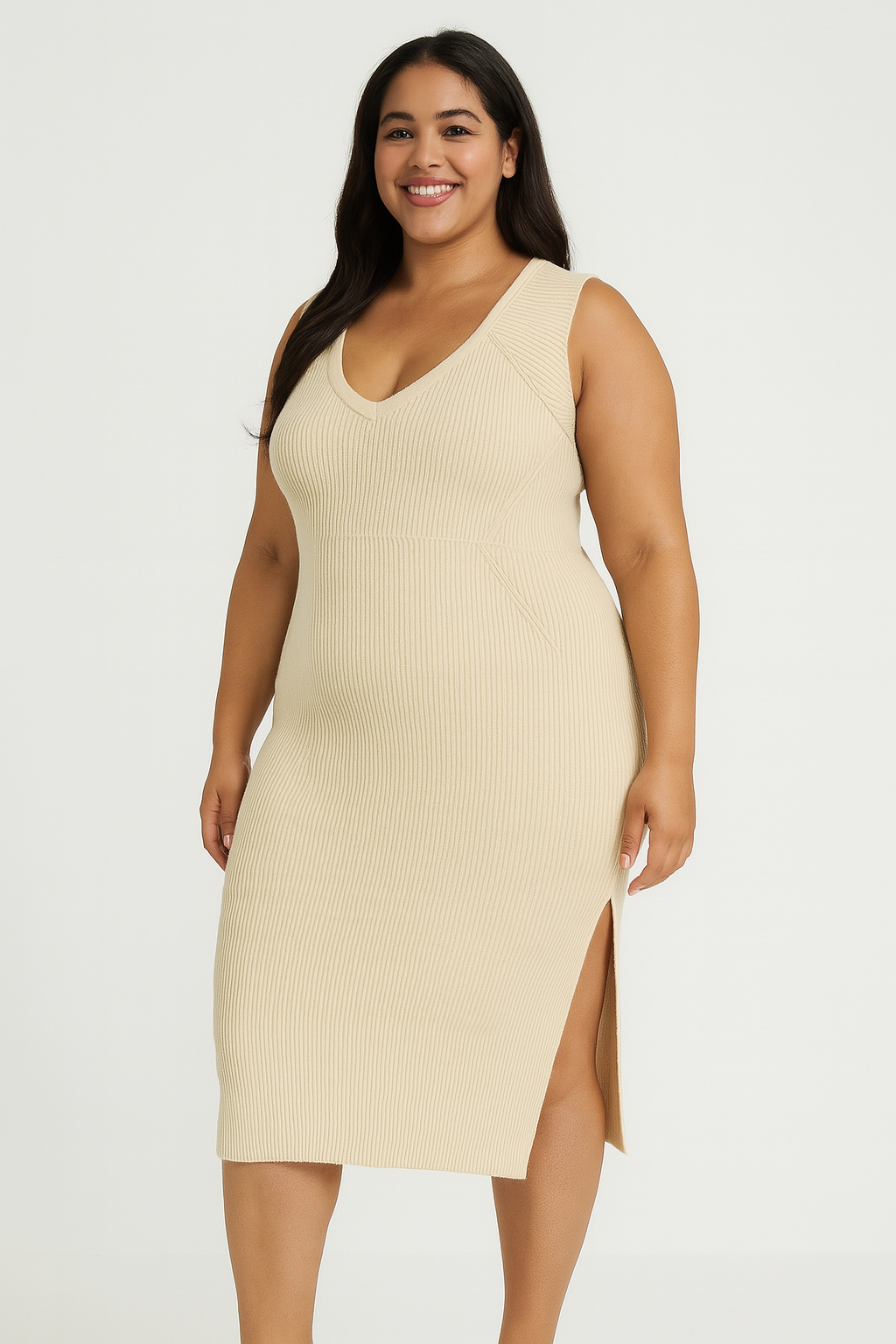 Sleeveless Side Slit Ribbed Knit Extremely Stretchy Midi Bodycon Dress