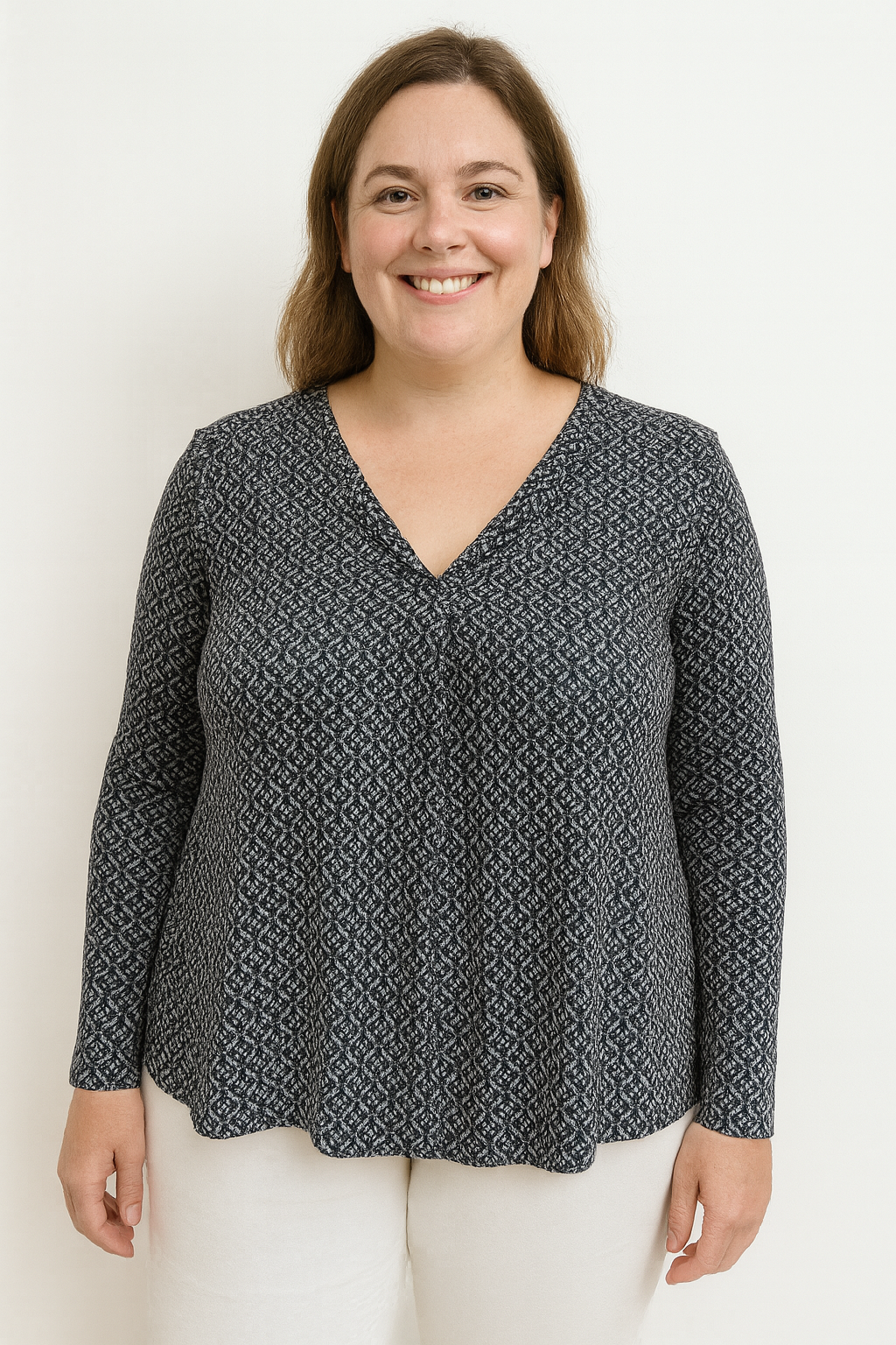 V-Cut Neck Long Sleeve Printed Top