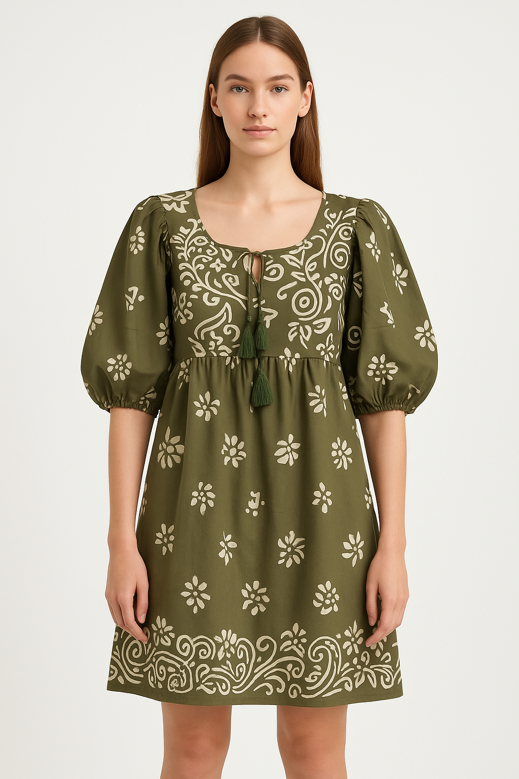 Puff Sleeve Tassle Tie Floral Boho Short Dress