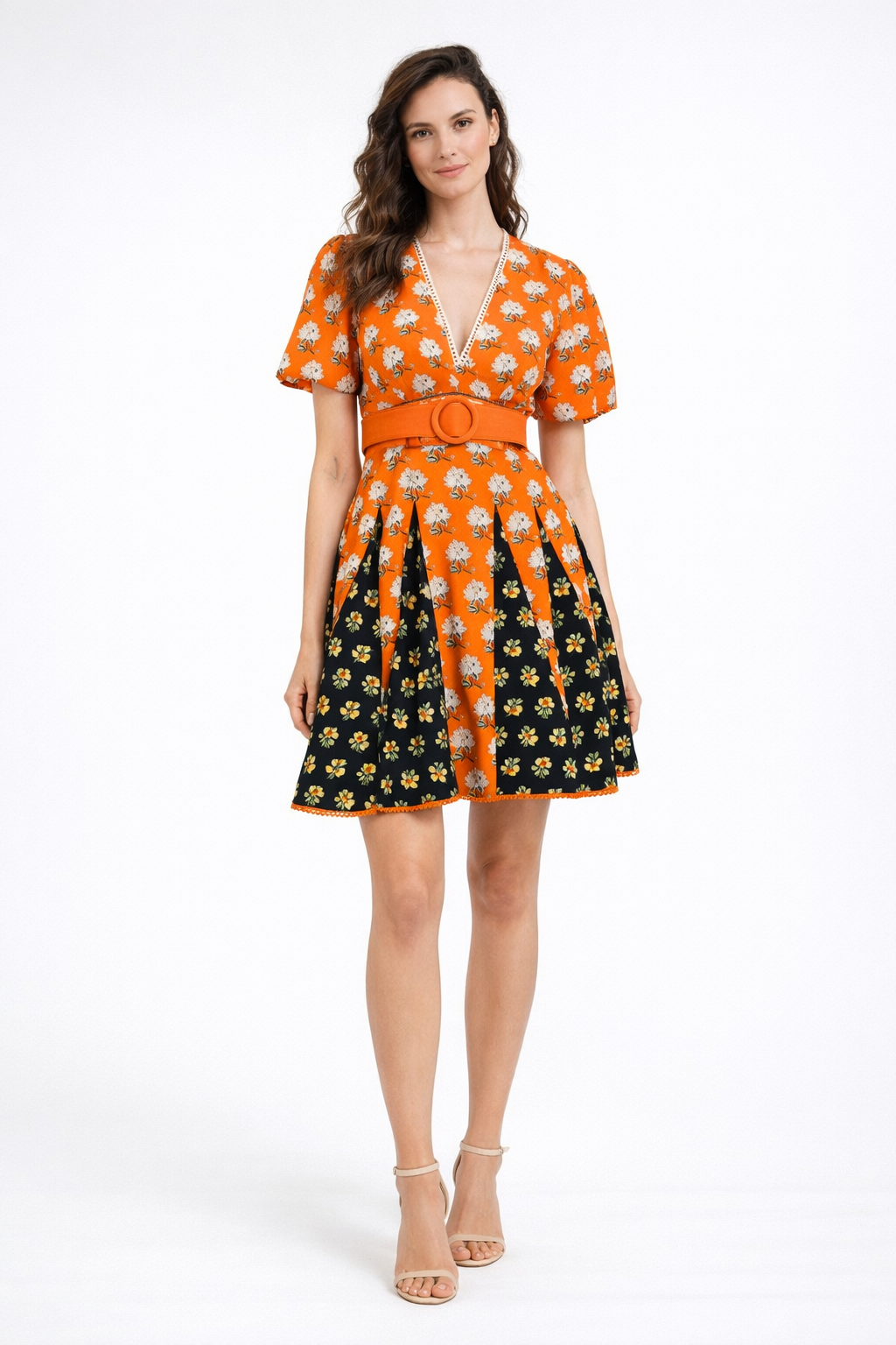 Floral Print Short Sleeve Belted Skater Dress