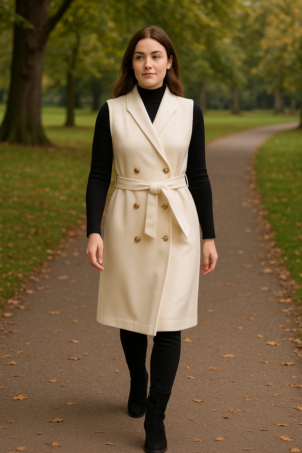 Sleeveless Double Breast Lapel Collar Tie Up A-Line Midi Coat
