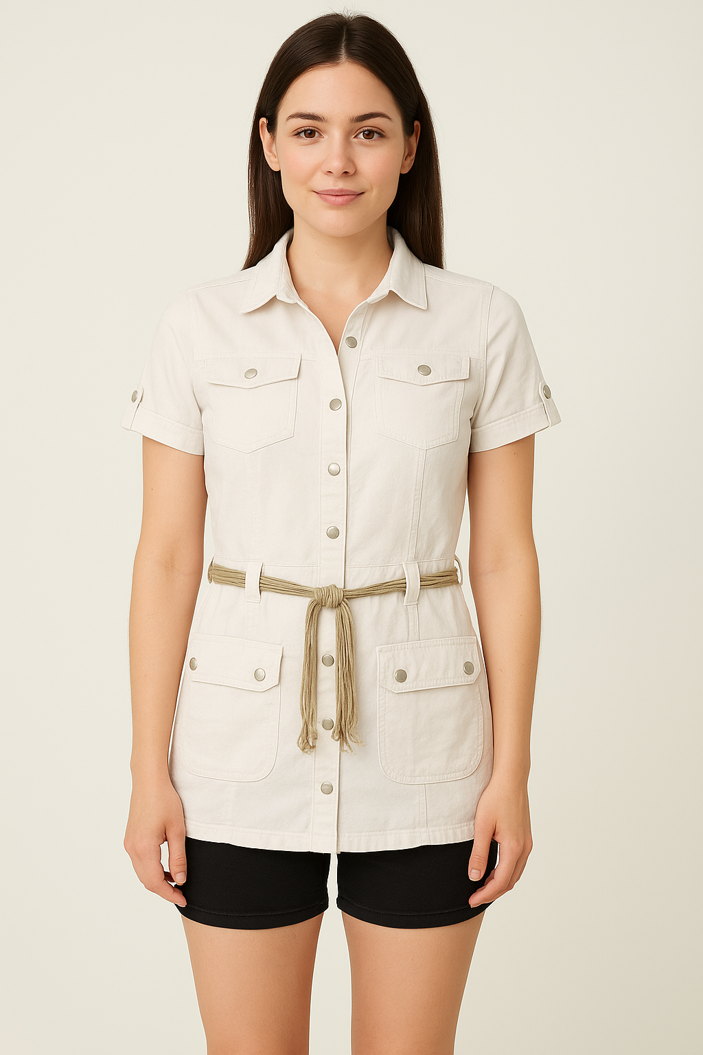 Belted Linen And Viscose Blend Cargo Pockets Longline Shirt
