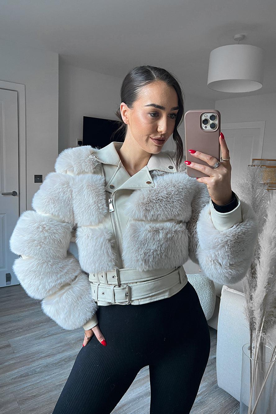 Faux Fur And Vegan Leather Double Belt Biker Jacket