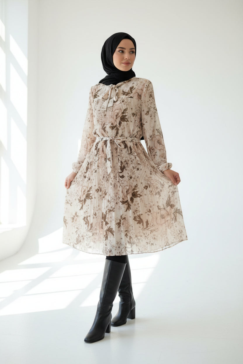 Self Tie Belt Pleated Pussy Bow Modest Dress-SinglePrice