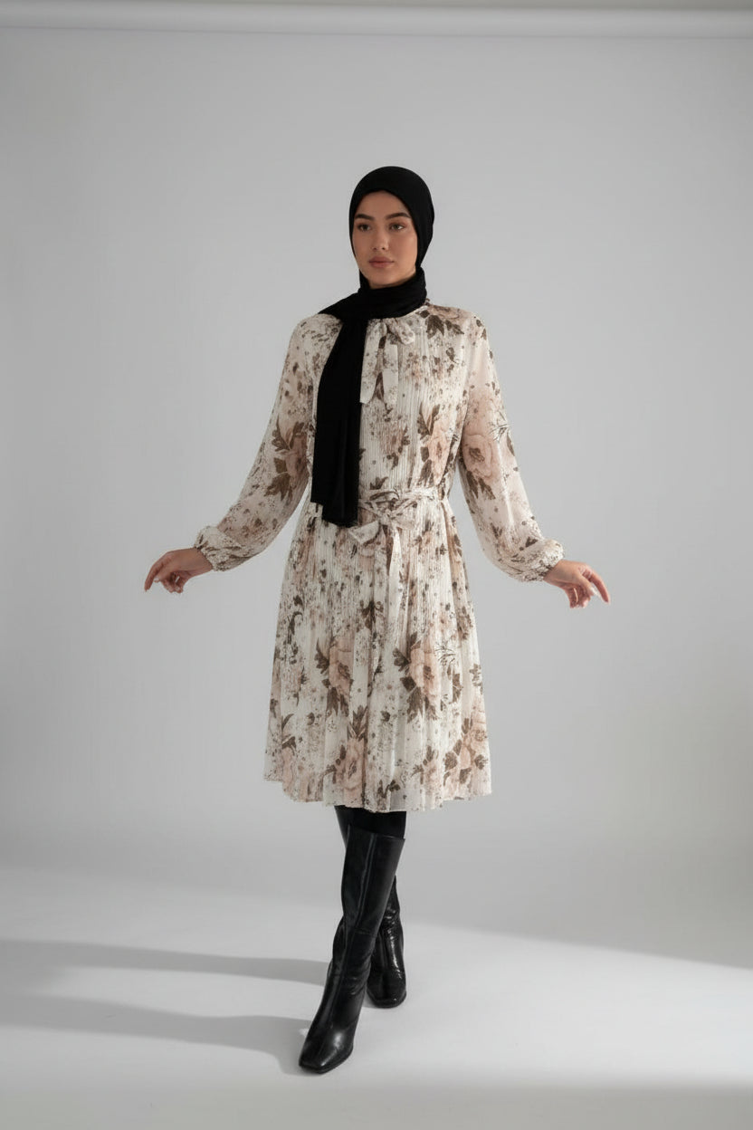Self Tie Belt Pleated Pussy Bow Modest Dress-SinglePrice