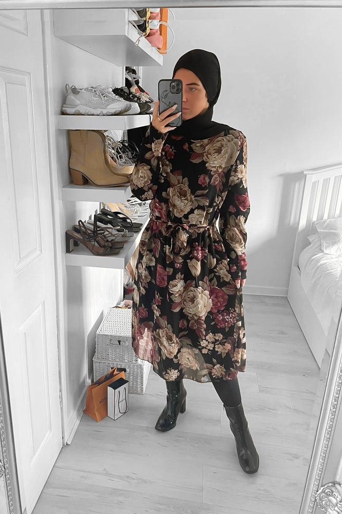 Self Tie Belt Floral Print Chiffon Modest Dress-SinglePrice