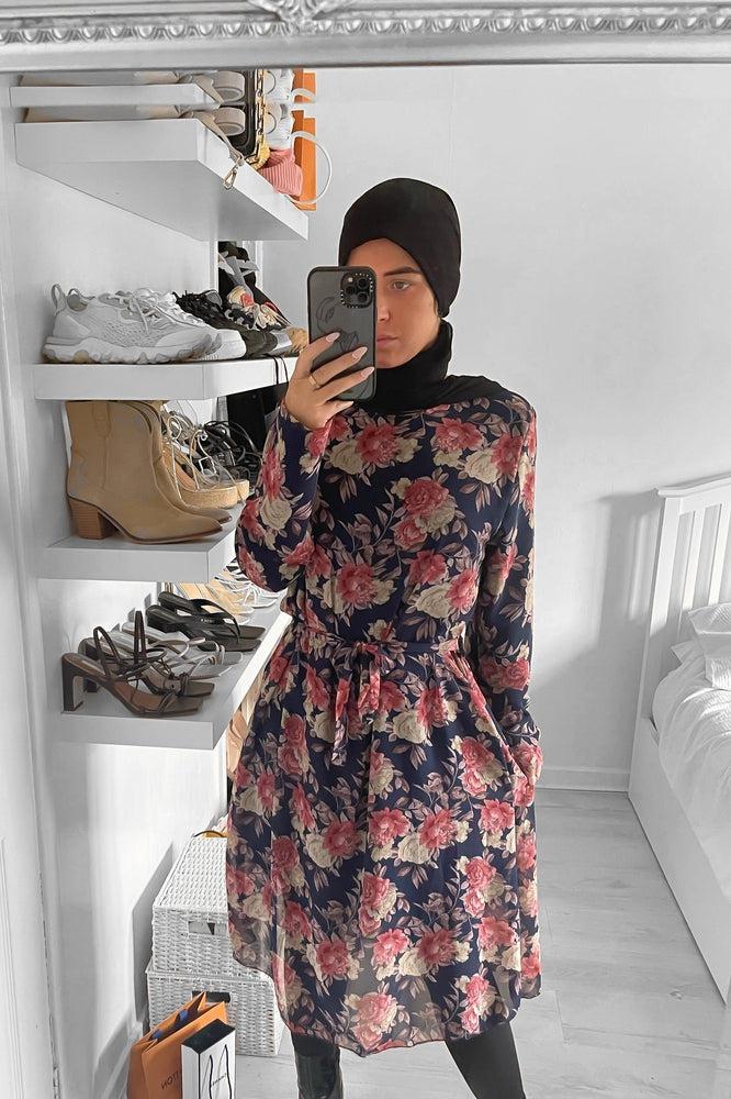 Self Tie Belt Floral Print Chiffon Modest Dress-SinglePrice