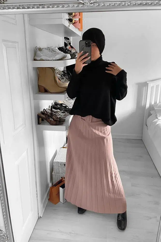 Belted Pleated Modest Skirt-SinglePrice