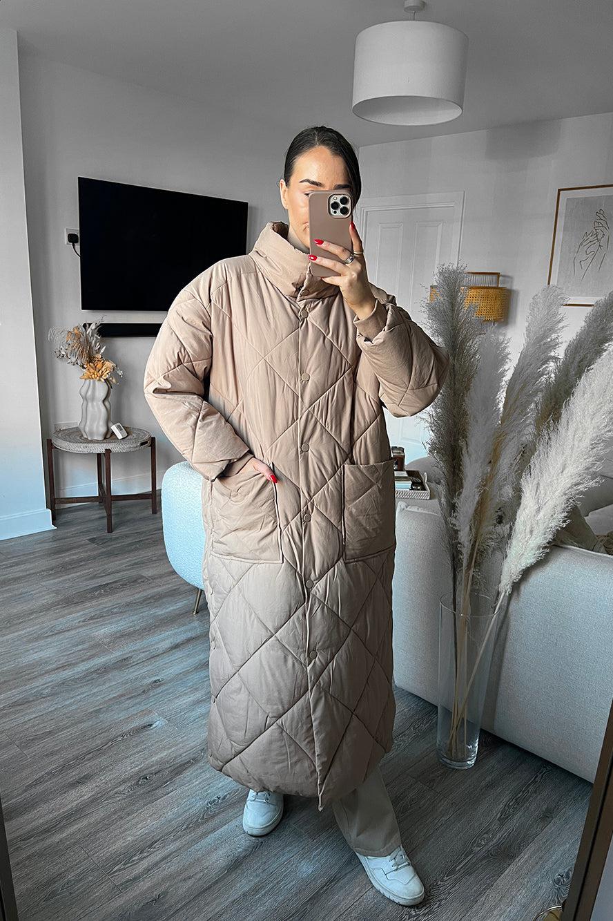 High Neck Quilted Midi Puffer Coat