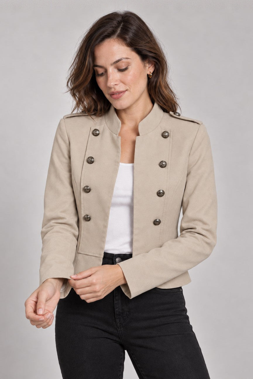 Military Style Stand Collar Cropped Jacket - BEIGE