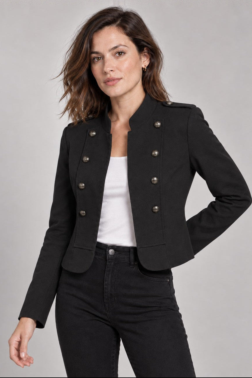 Military Style Stand Collar Cropped Jacket - BLACK