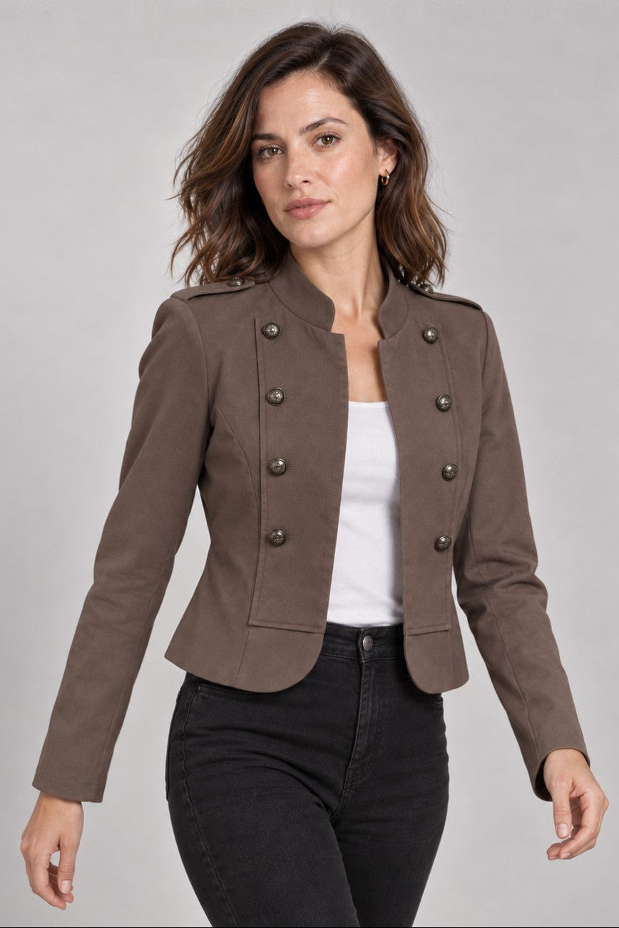 Military Style Stand Collar Cropped Jacket - BROWN