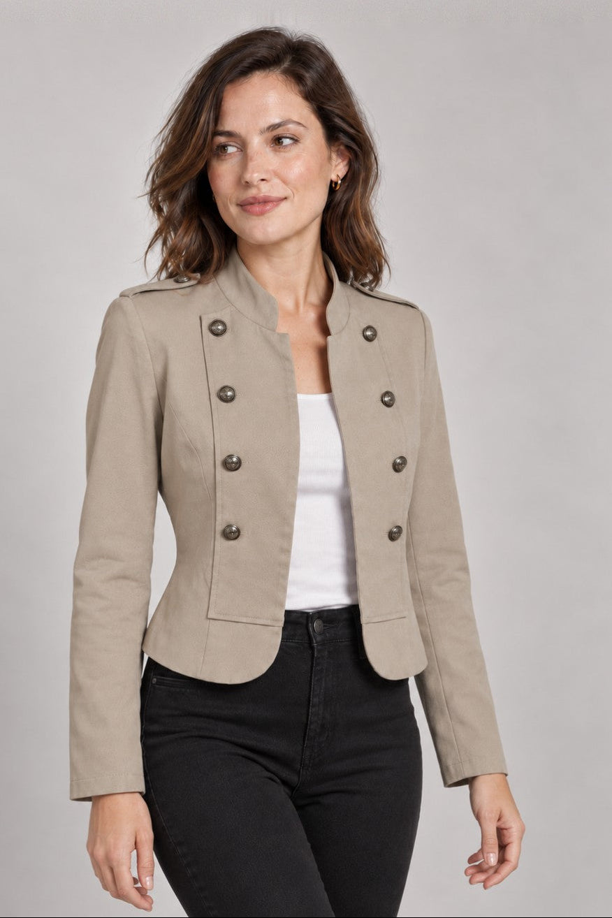 Military Style Stand Collar Cropped Jacket - TAUPE
