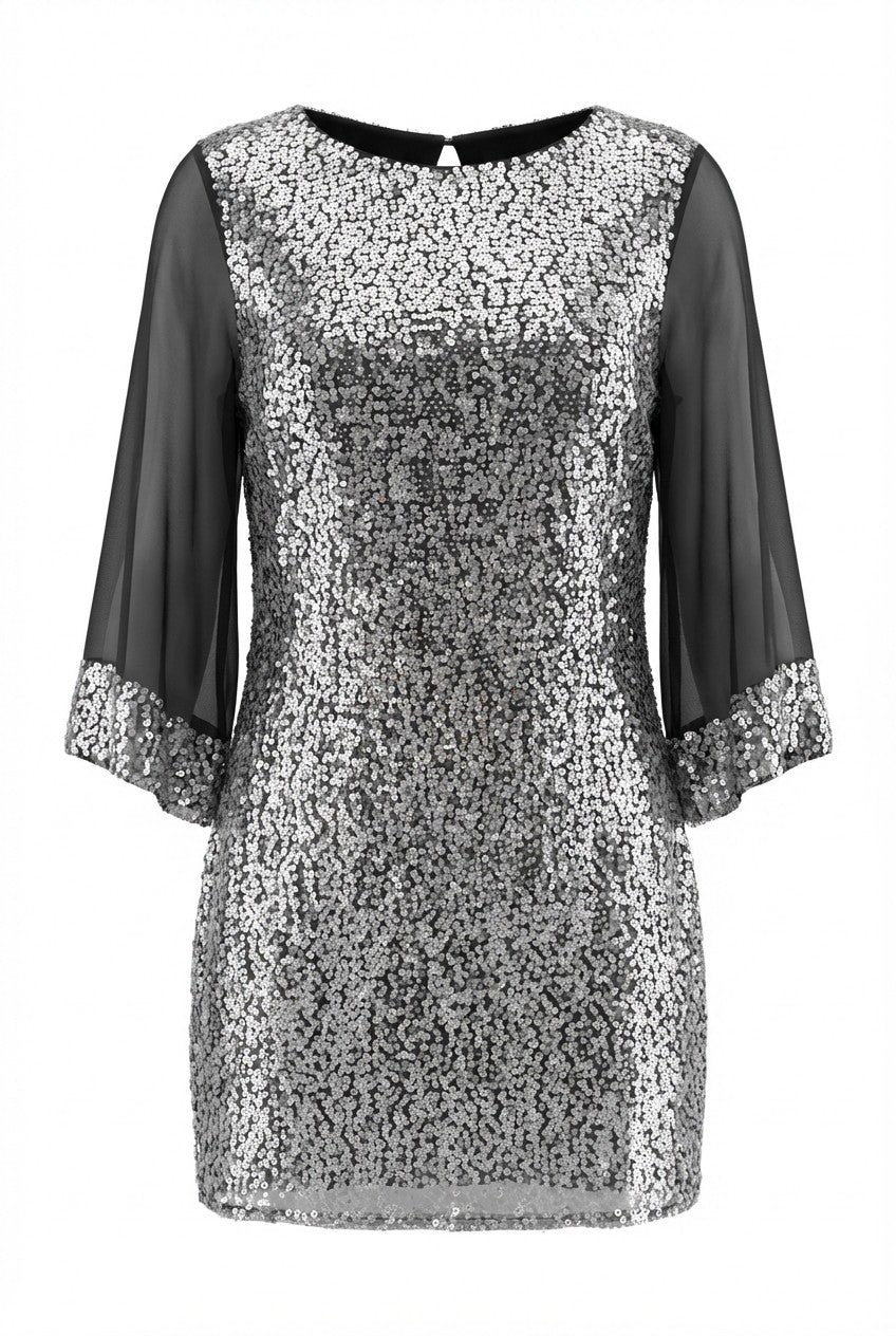 Sequin Detail Chiffon Knee Length Black Dress