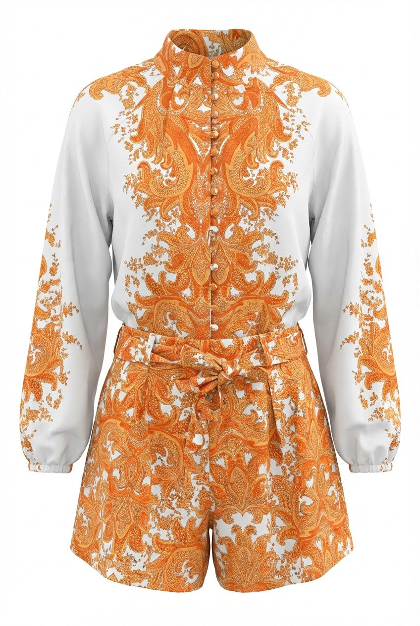 Paisley Print Blouse And Short Satin Coord Set