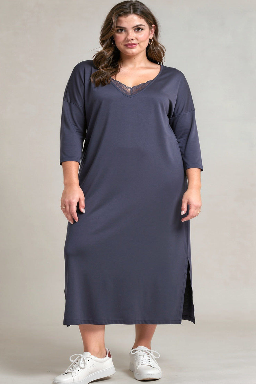 Lace Detail Long Sleeve Basic Fine Ribbed Jersey Long Dress