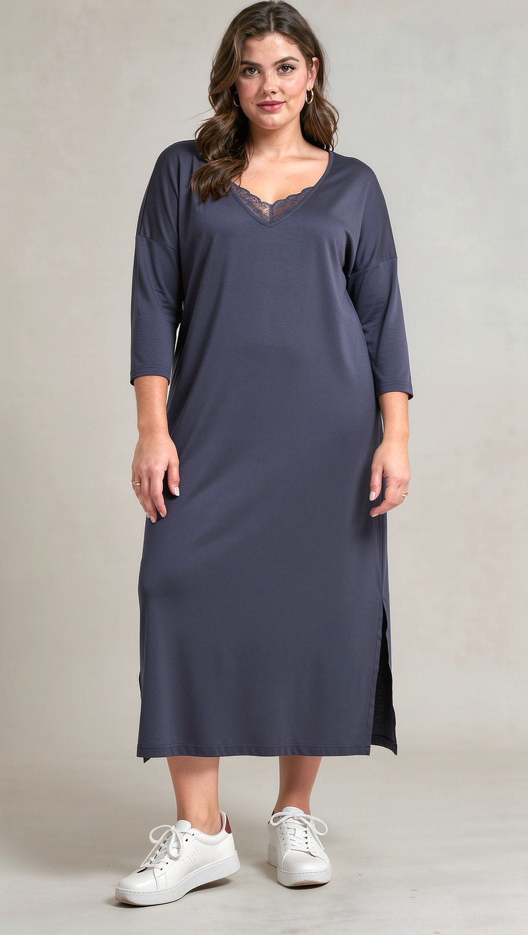 Lace Detail Long Sleeve Basic Fine Ribbed Jersey Long Dress