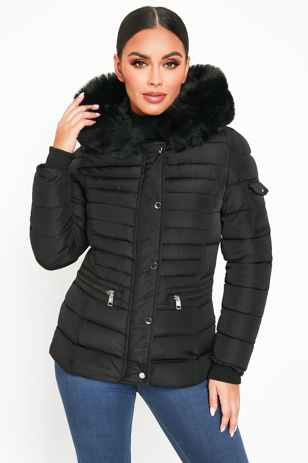 Horizontal Zip Pockets Faux Fur Hooded Jacket