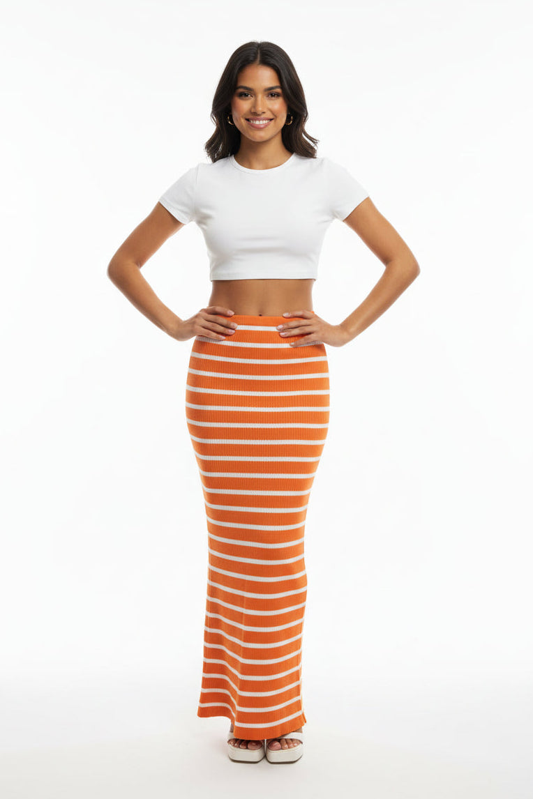 Stripy Viscose Blend Ribbed Knit Maxi Skirt