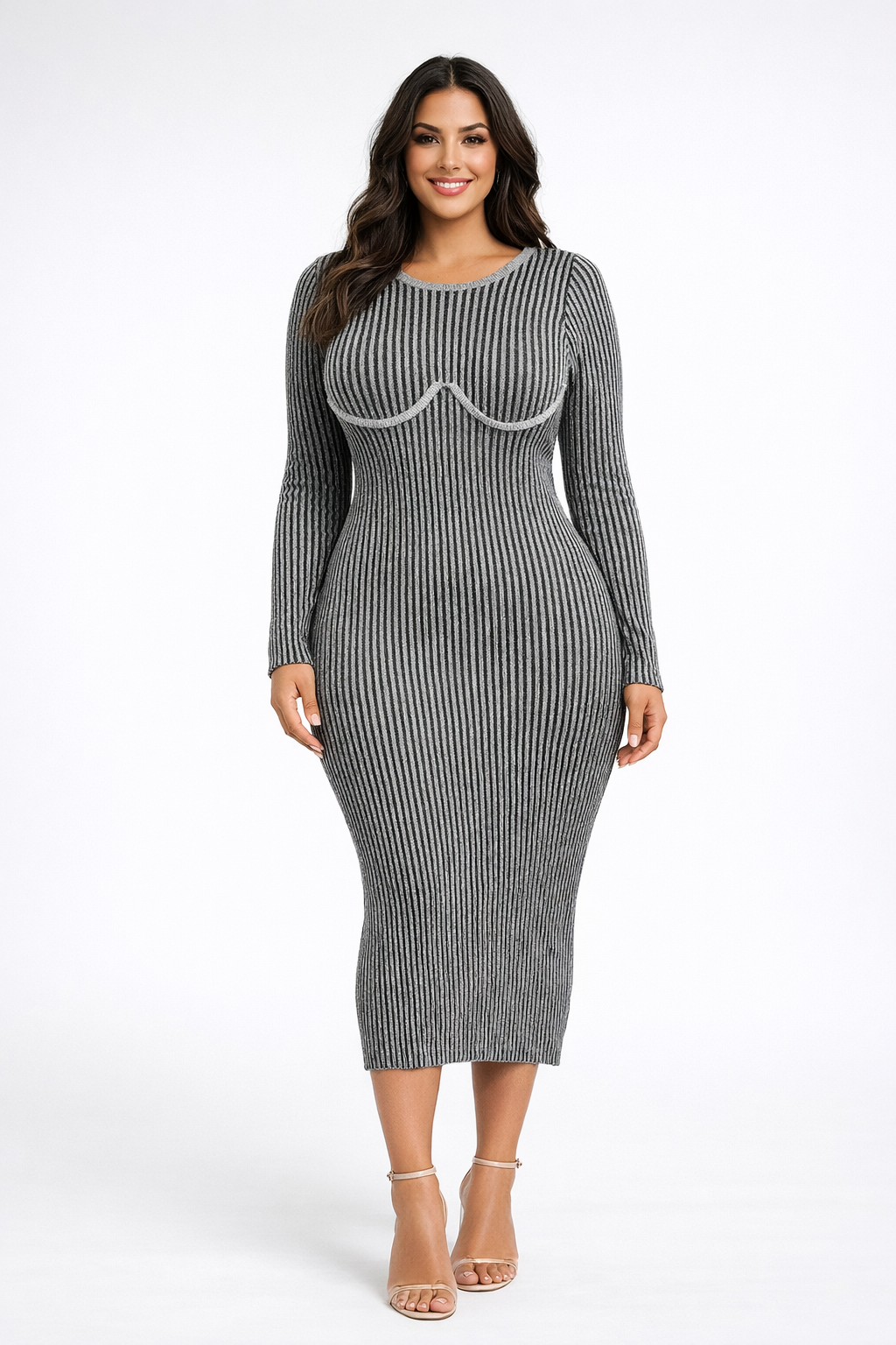 Wholesale Women's Bustier Style Melange Ribbed Viscose Blend Knit Long Sleeve Midi Dress (PACK OF 6)