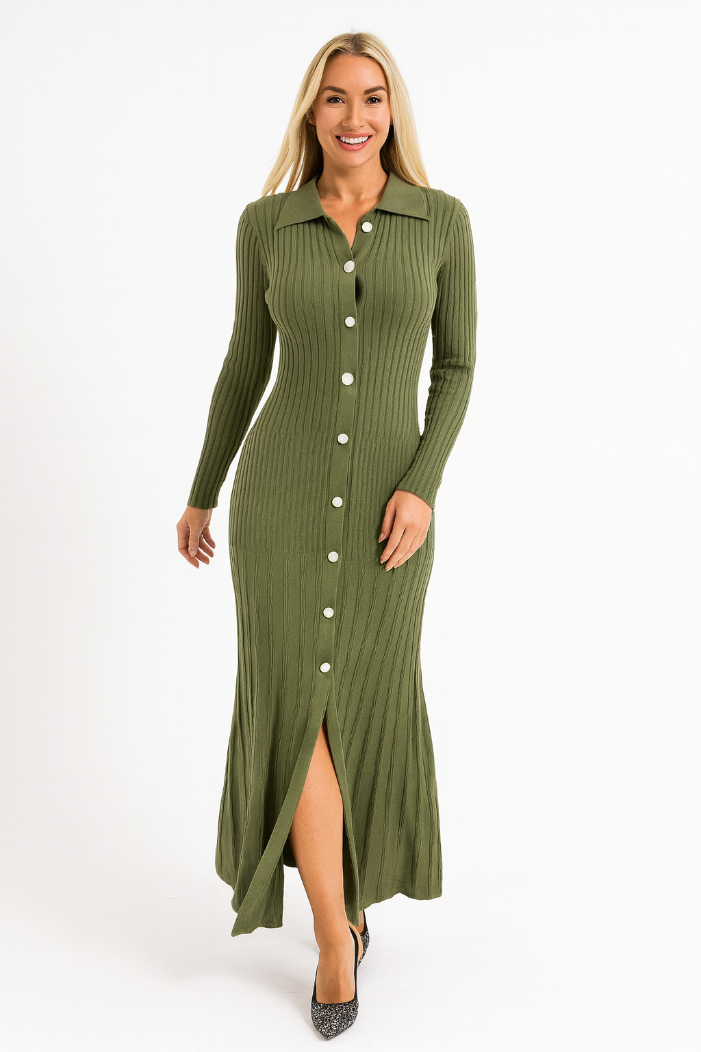 Ribbed Viscose Blend Button Detail Extra Long A-Line Knitted Dress