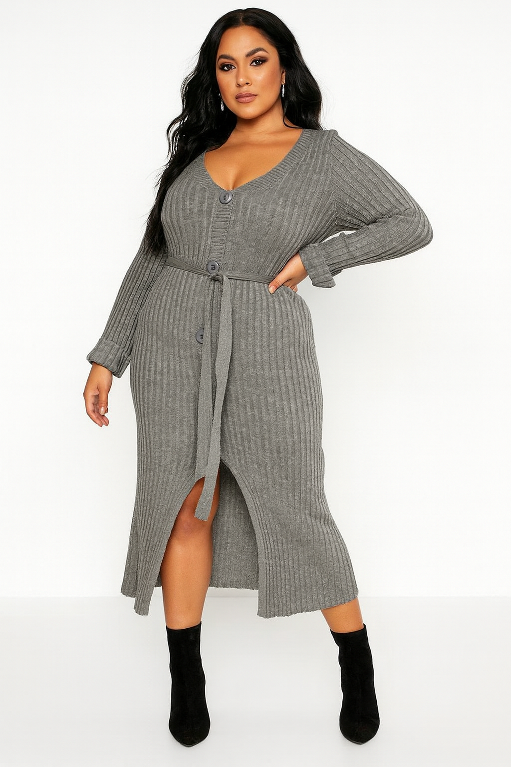 Waist Tie Button Detail Midi Knitted Dress