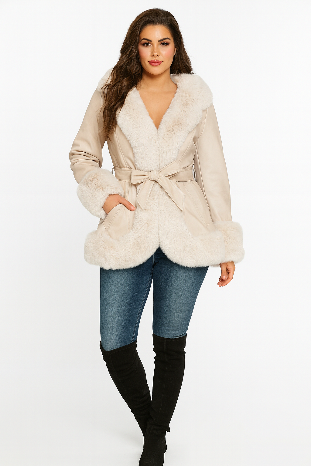 Faux Fur Trim And Lining Leather Look Tie Belt Elegant Hooded Peplum Winter Jacket
