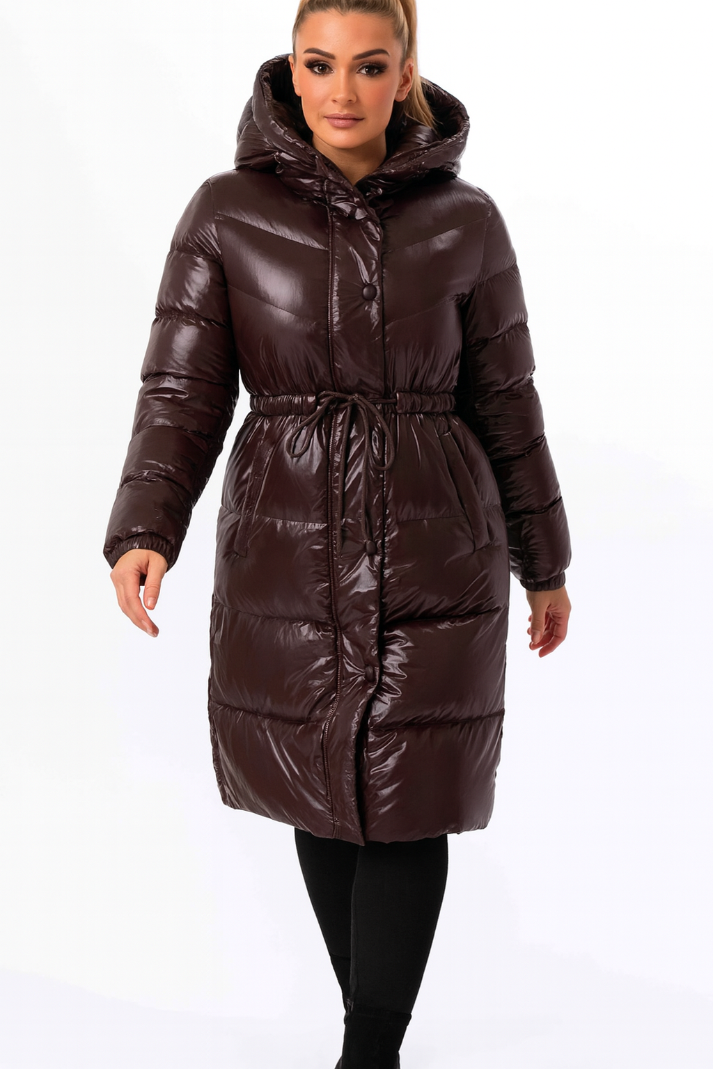 High Sheen Padded Drawstring Waist Hooded Puffer Coat