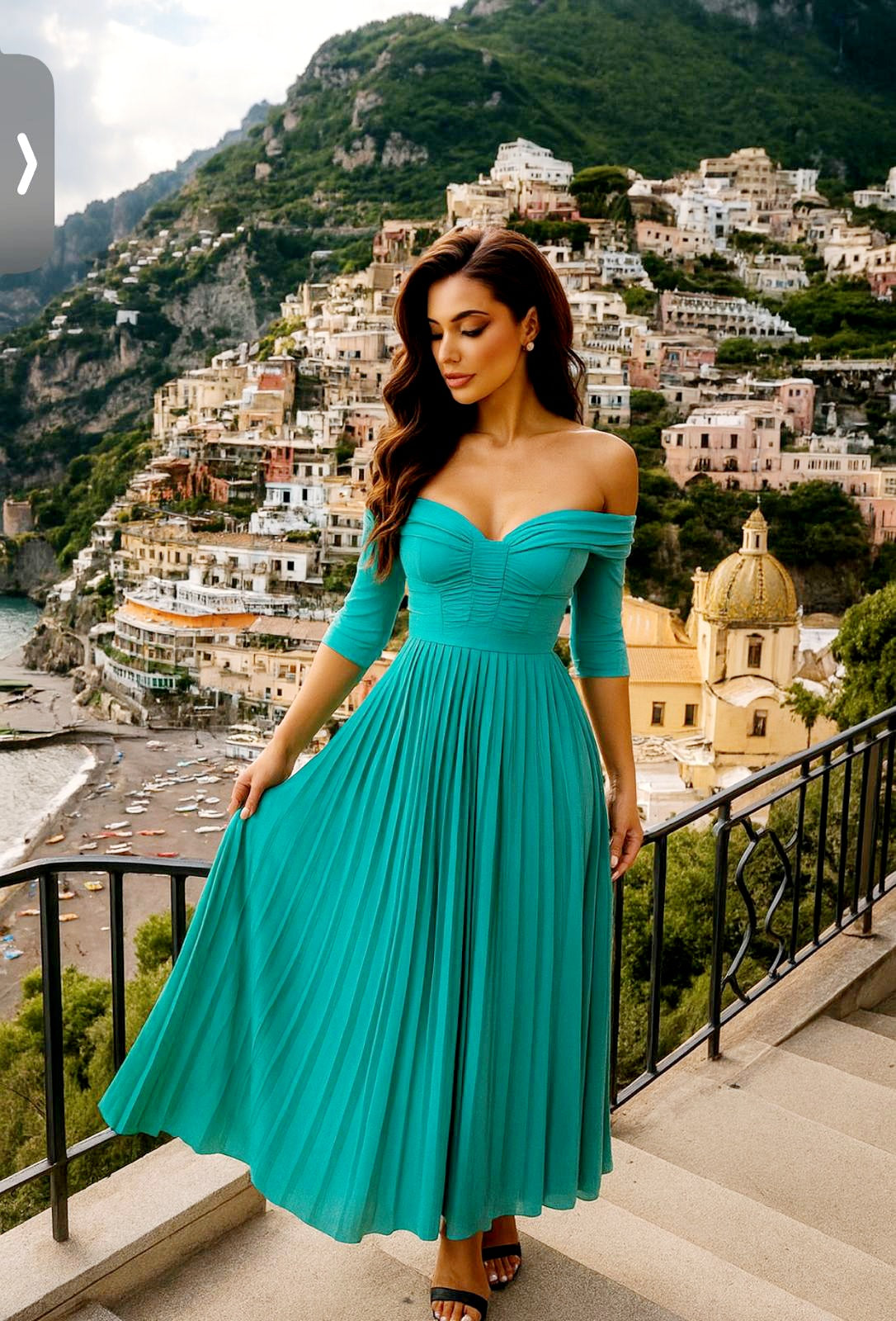 Bardot 3/4 Sleeve Pleated Maxi Dress