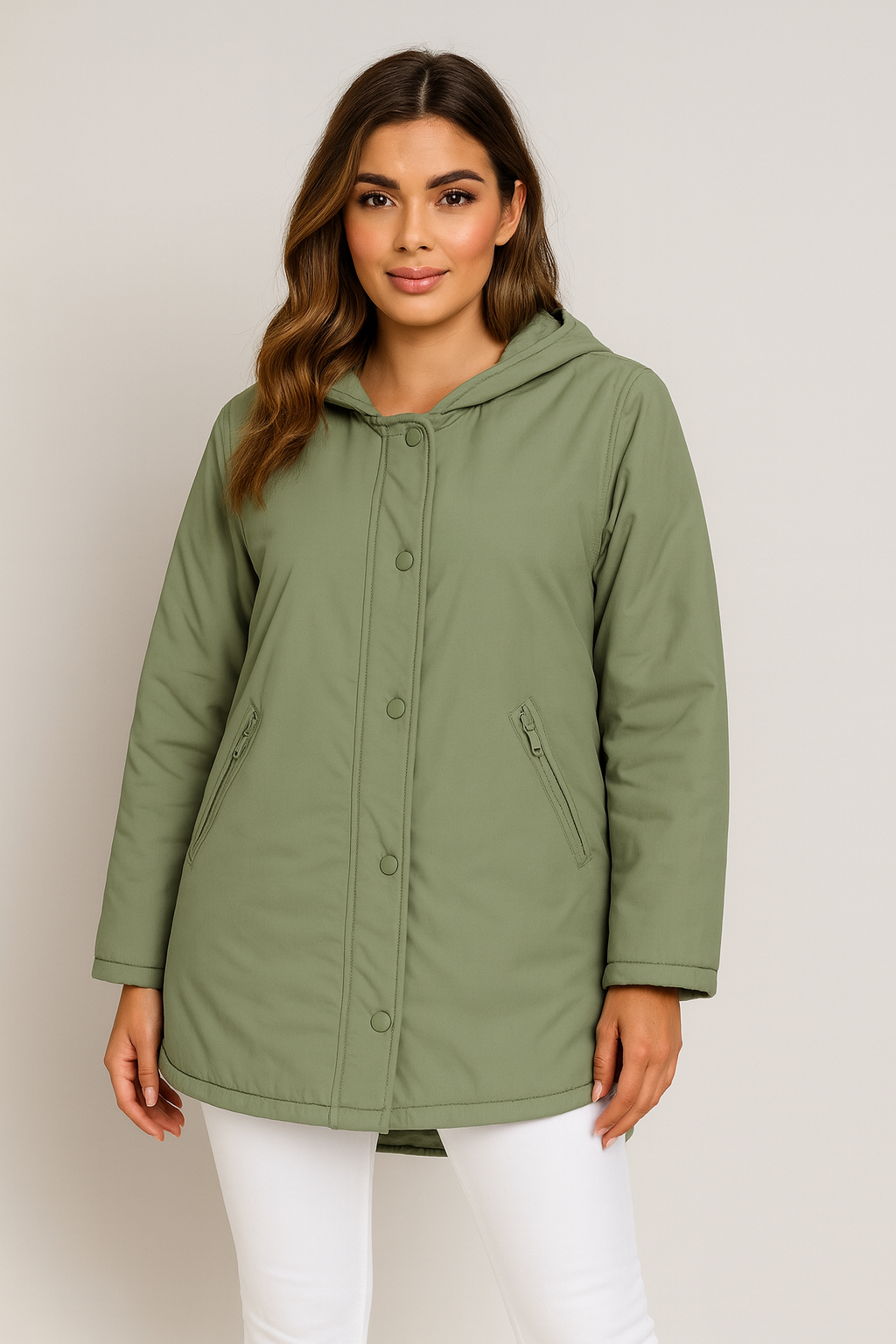 Zip And Snap Closure Relaxed Fit Hooded Midi Puffer Jacket