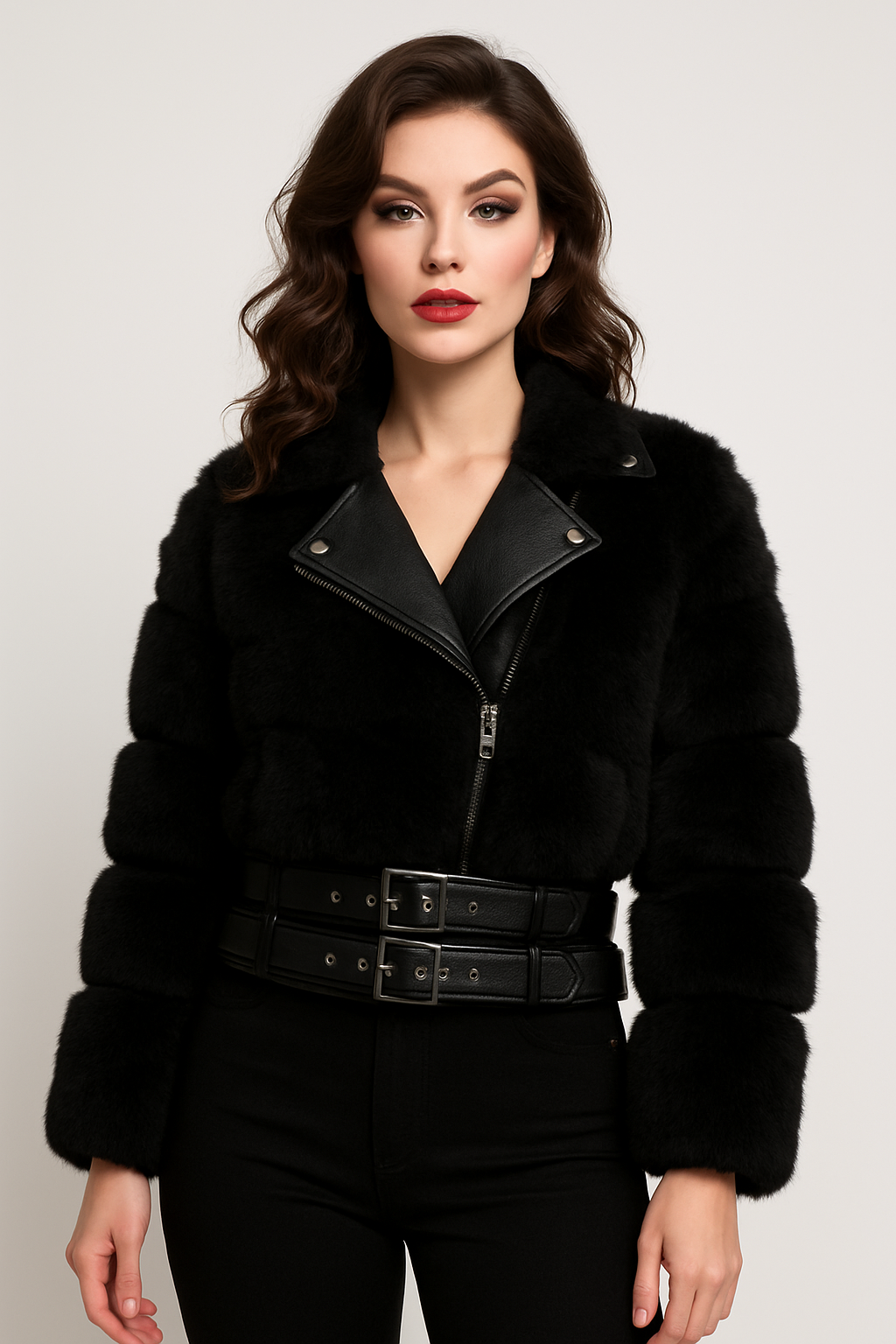Faux Fur And Vegan Leather Double Belt Biker Jacket
