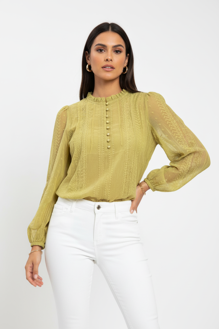 Embroidered Button Detail Relaxed Fit Cotton Blouse