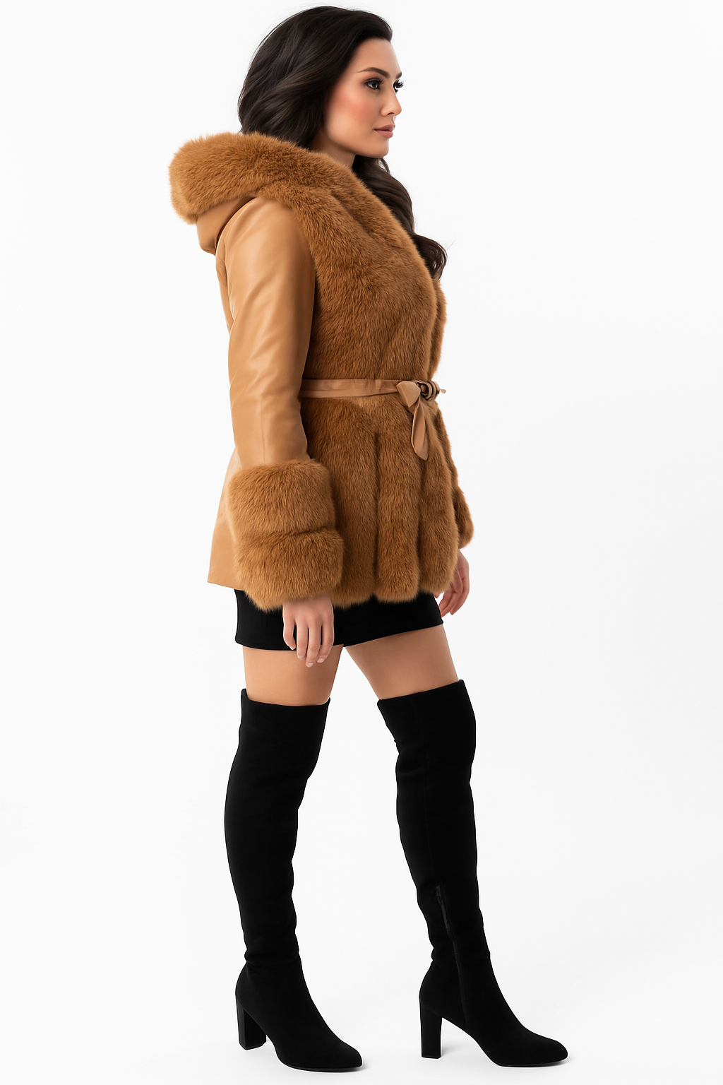 Faux Fur Trim And Vegan Leather Hooded Belted Fleeced Lining Jacket