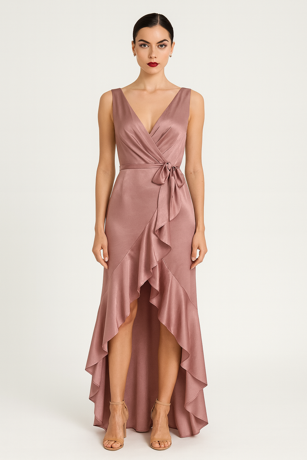 Sleeveless Wrap Style Satin High Low Dress