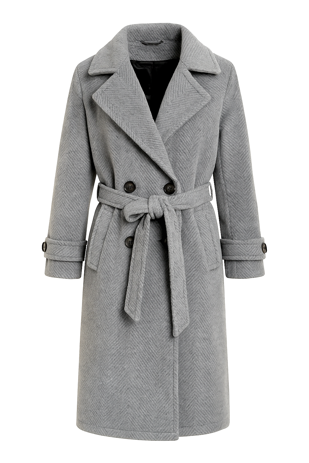 Double Breasted Lapel Collar Herringbone Pattern Belted Coat