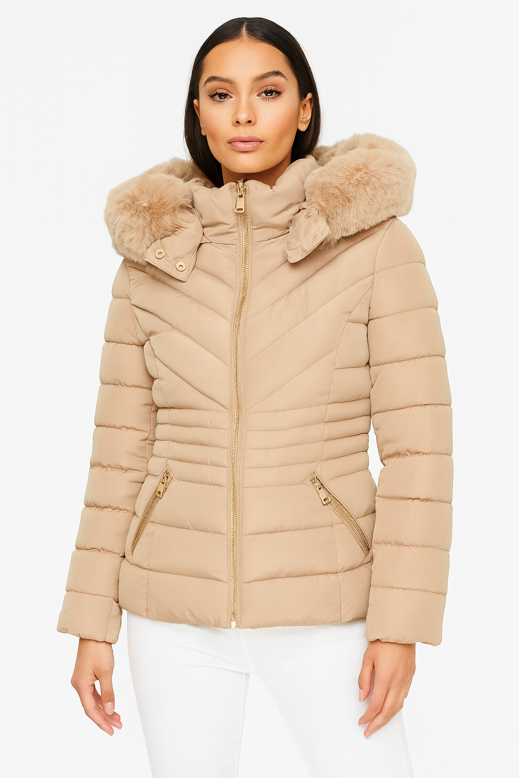 Wholesale Women's Chevron Quilt Faux Fur Hood Puffer Jacket (PACK OF 5)