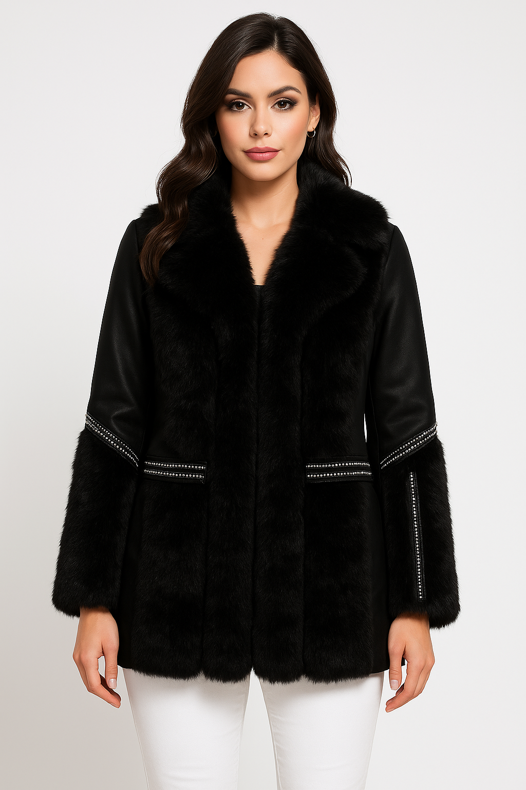Vegan Fur With Leather Panel Luxurious Beaded Trim Elegant Jacket
