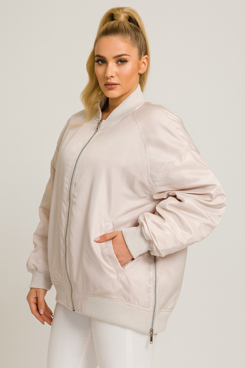 Side Zip Detail Relaxed Fit Bomber Jacket