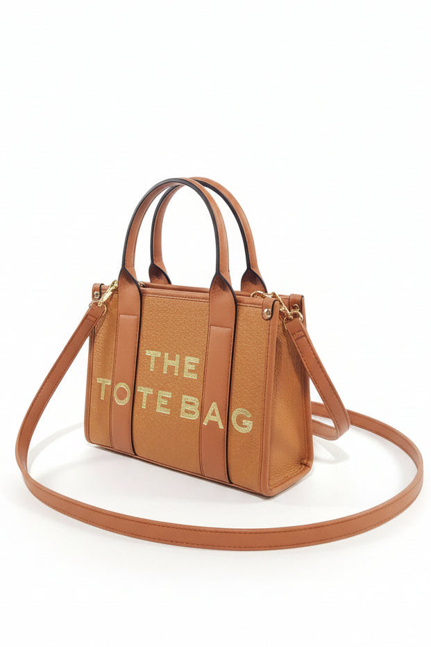 Textured Vegan Leather Adjustble Strap Medium Slogan Tote Bag
