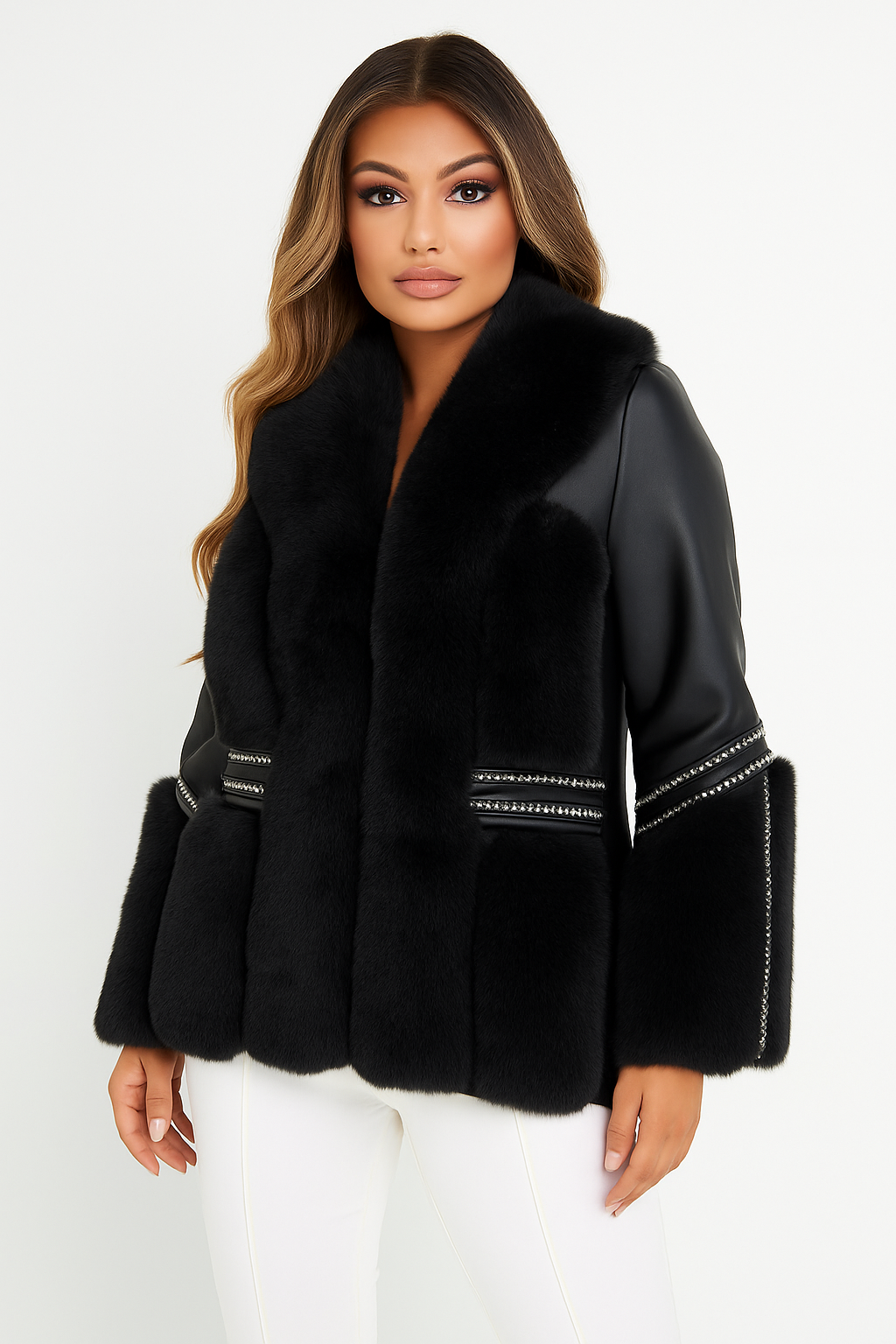 Vegan Fur With Leather Panel Luxurious Beaded Trim Elegant Jacket