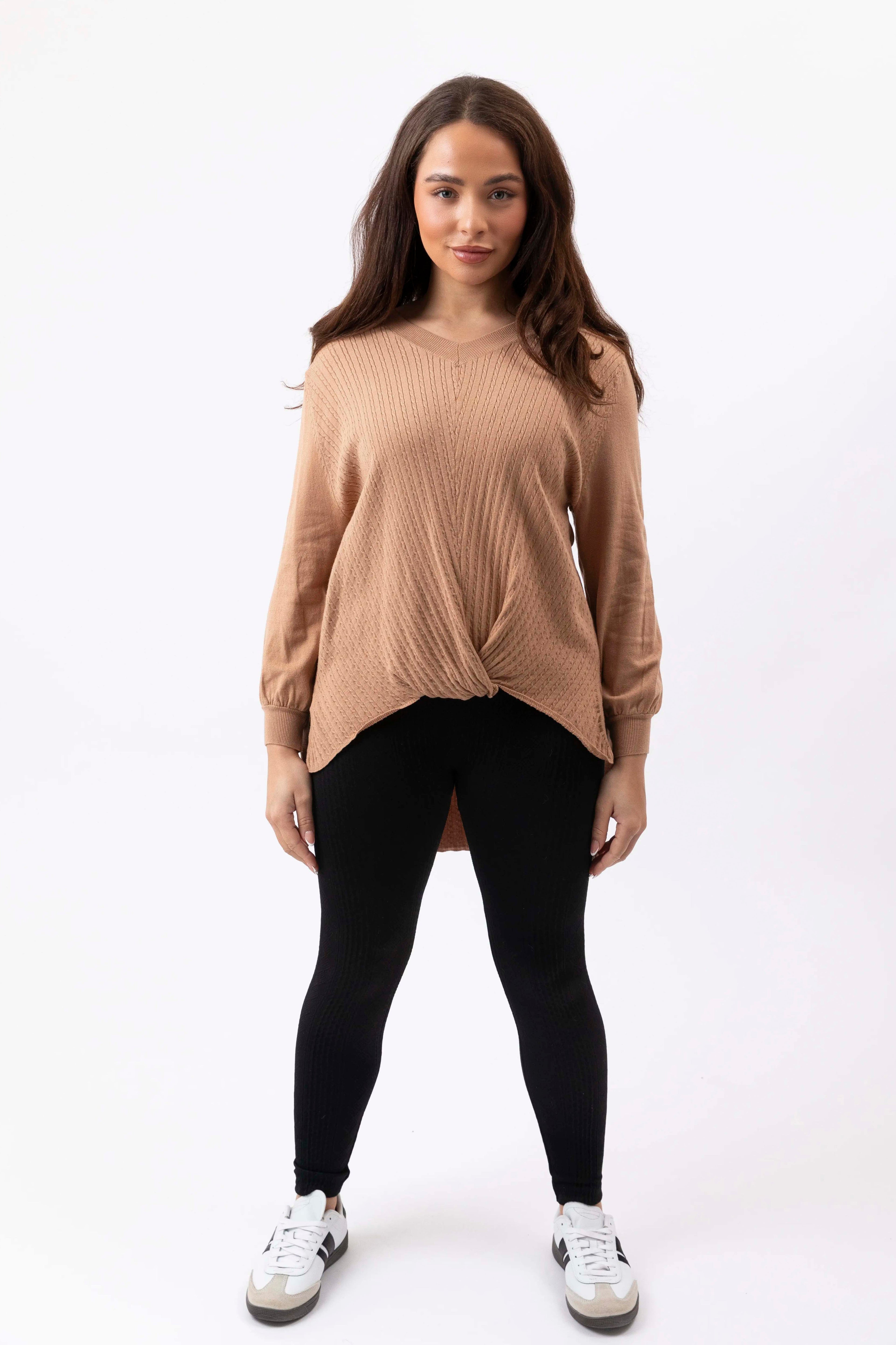 Front Twist Hi-Low Cable Knit Viscose Blend Pullover